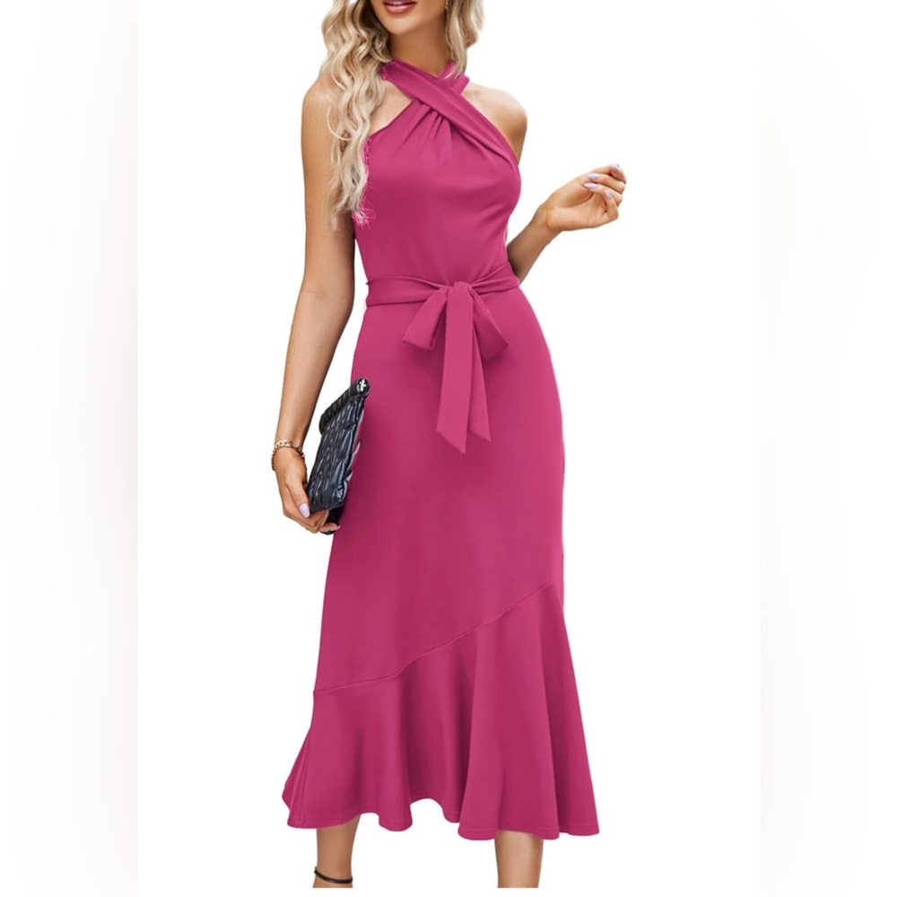 Women Midi Criss Cross Halter Neck Sleeveless Ruffle Hem